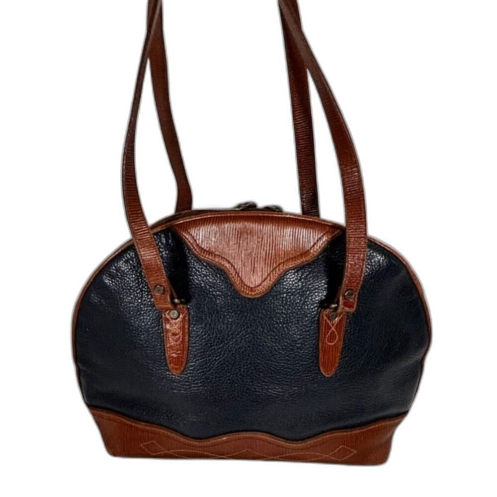 VTG Liz Claiborne Pebbled Blue Brown Leather Bowler Bag Shoulder Purse Western